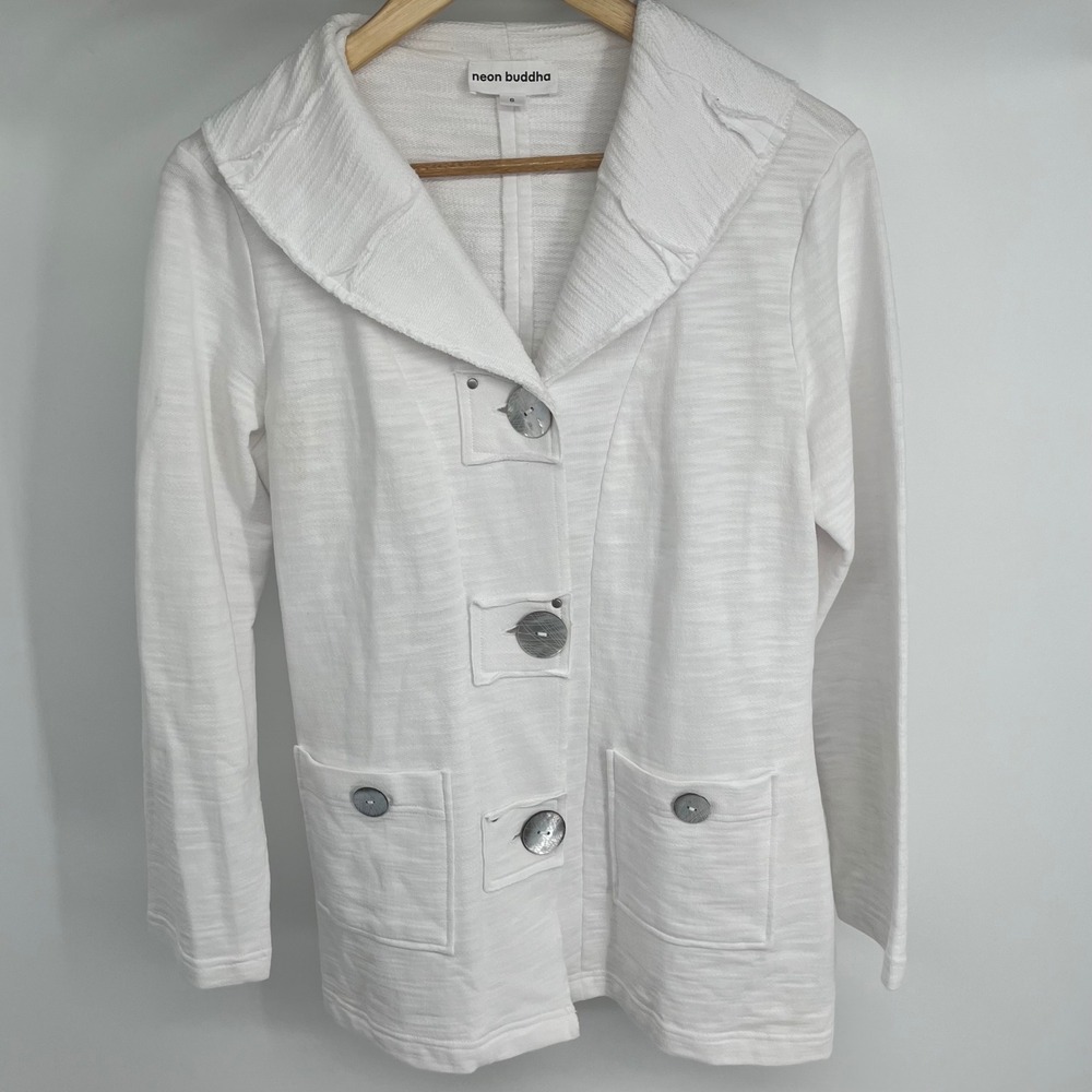 Neon Buddha White Textured Collared Button‎ Front Jacket Neutral Women's Size S